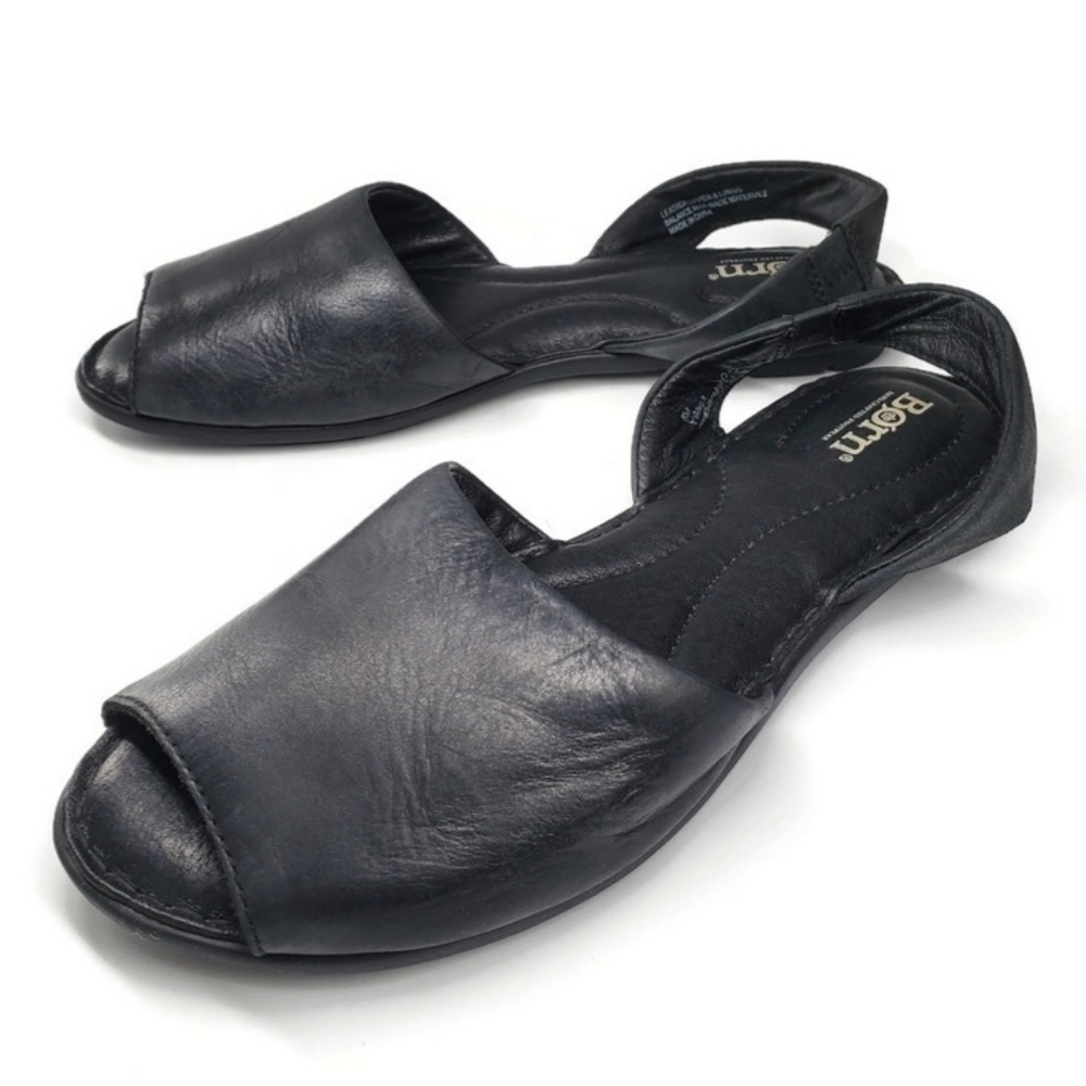 𝅺Born Trang Black Leather Slip-On Sandals F18803